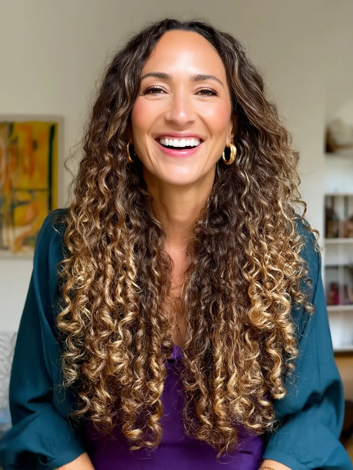 High-Volume Curly Multi-Dimensional Brown with Honey Highlights
